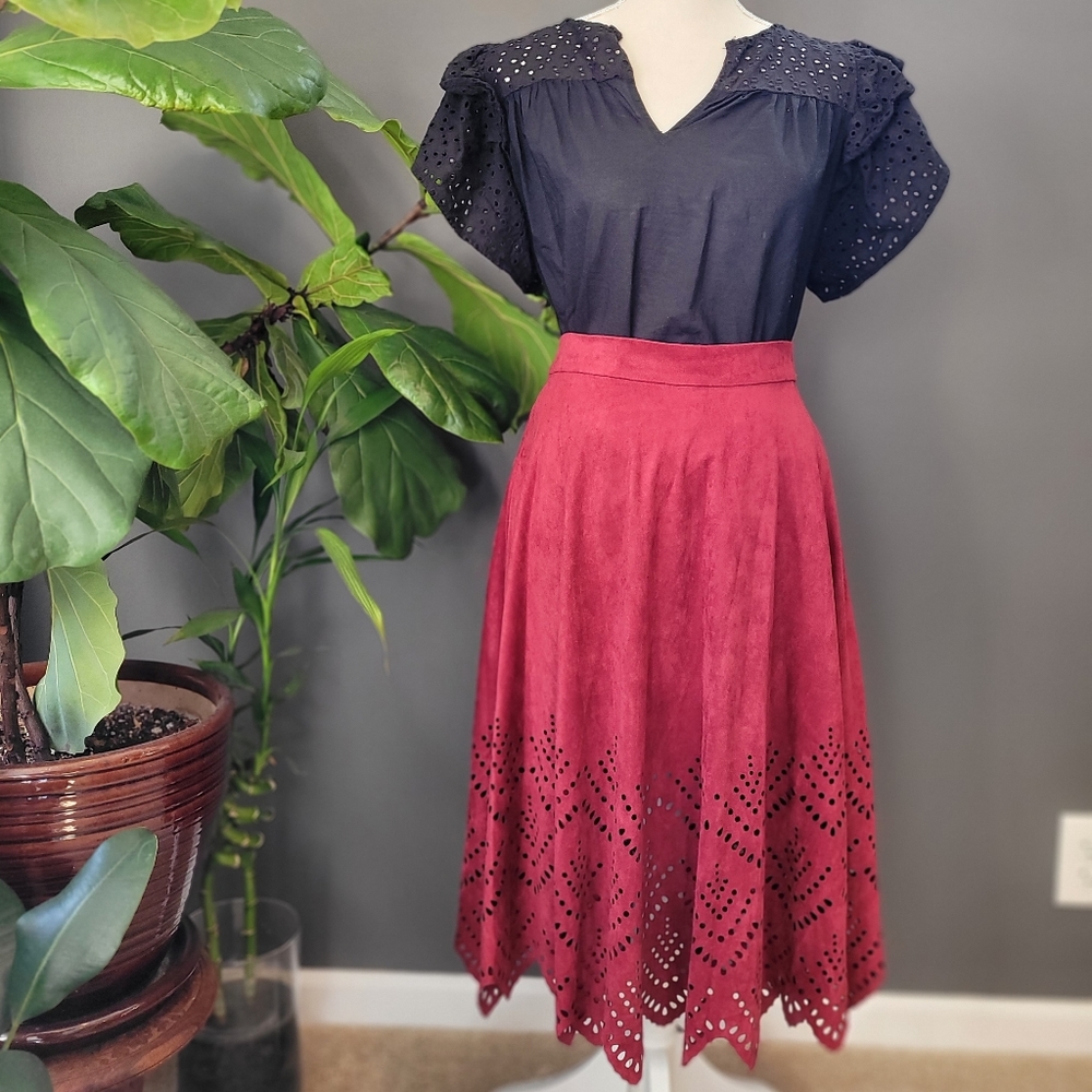 Long Burgundy eyelet cut out skirt